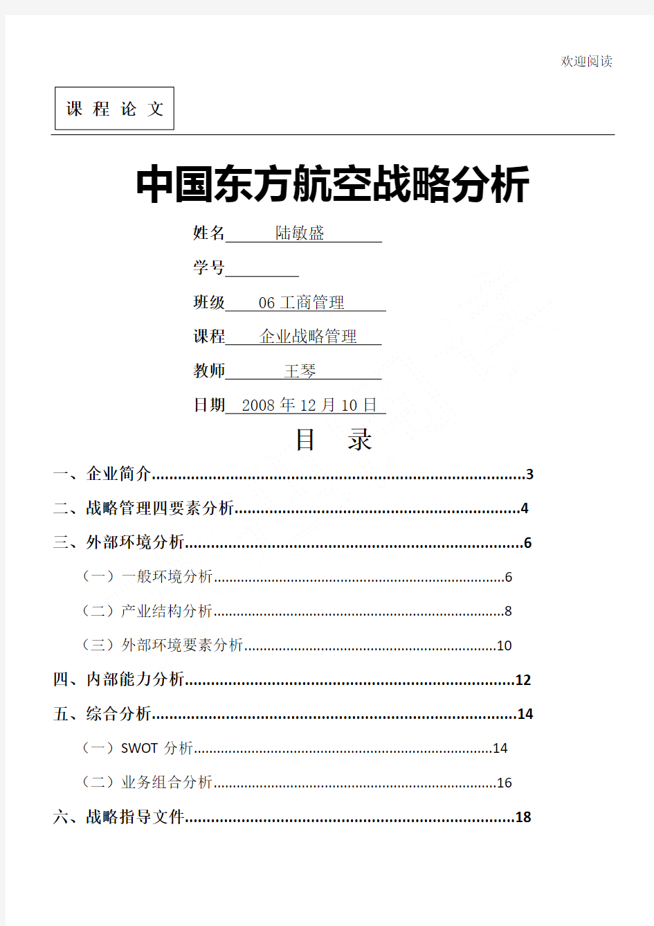 中国东方航空战略分析