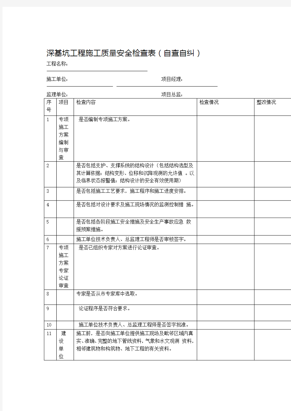 深基坑工程施工质量安全自查自纠检查表