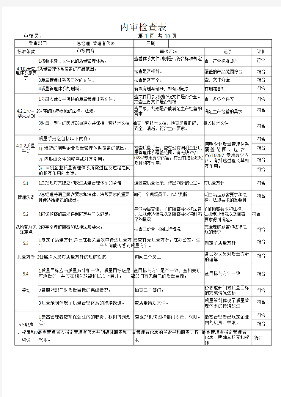 ISO13485内审检查表(完整各部门)