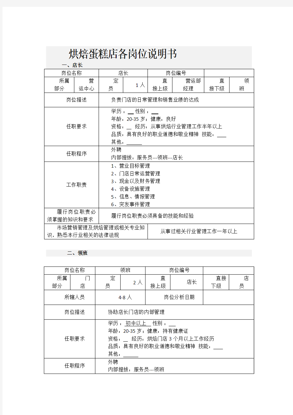 烘焙蛋糕店各岗位说明书