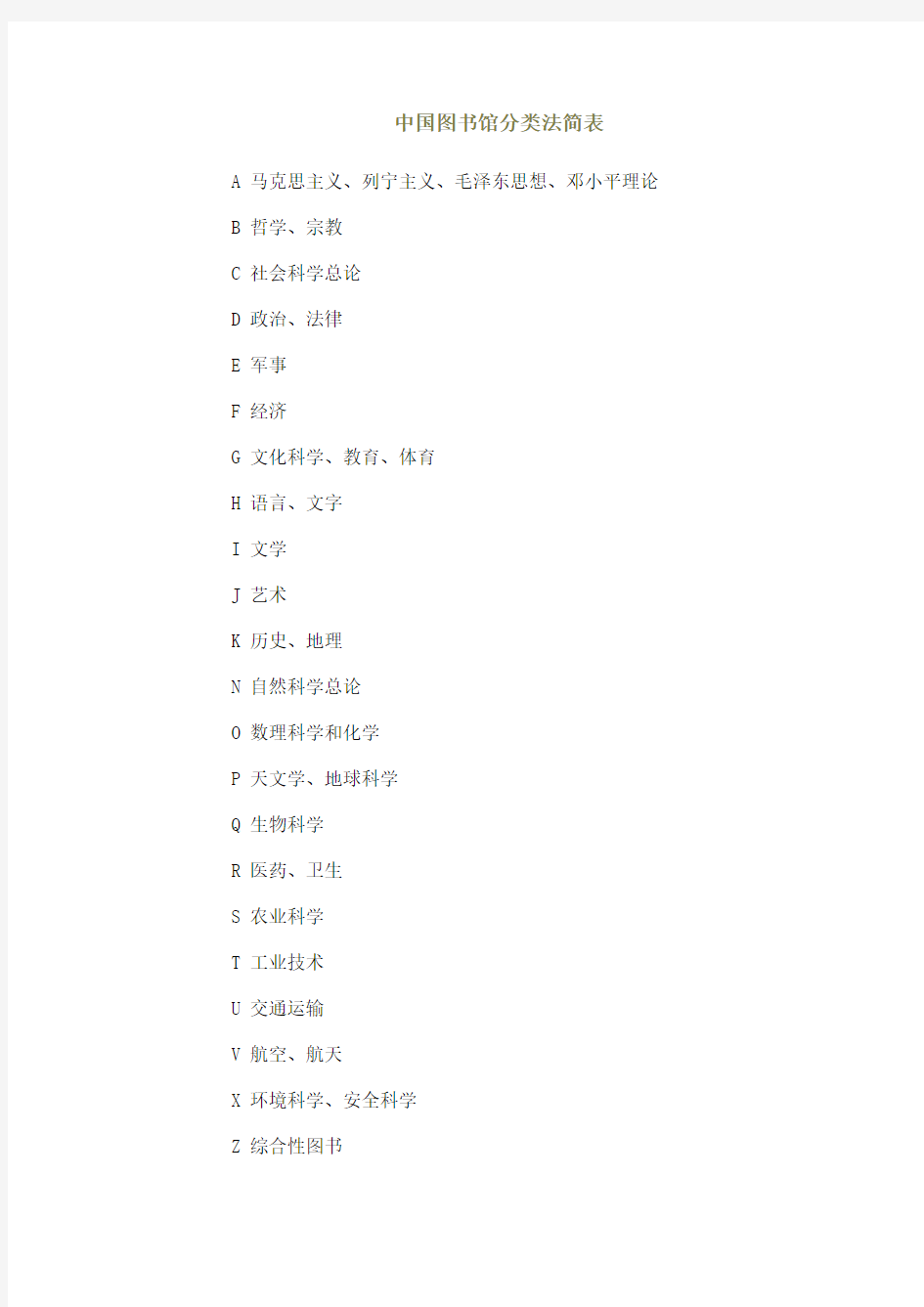 中国图书馆分类法简表