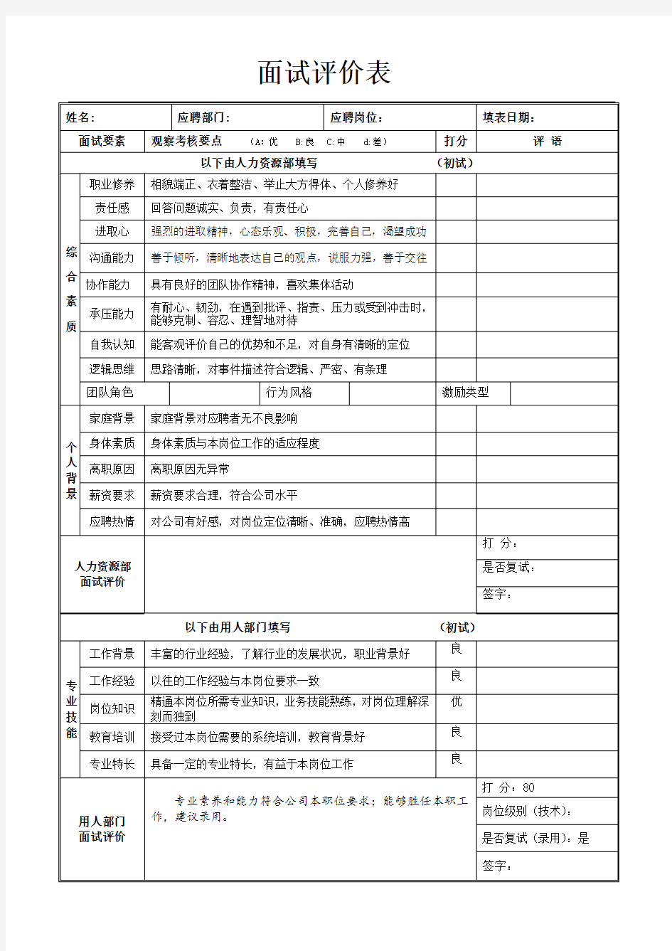 新员工面试评价表(模板-初试+复试)