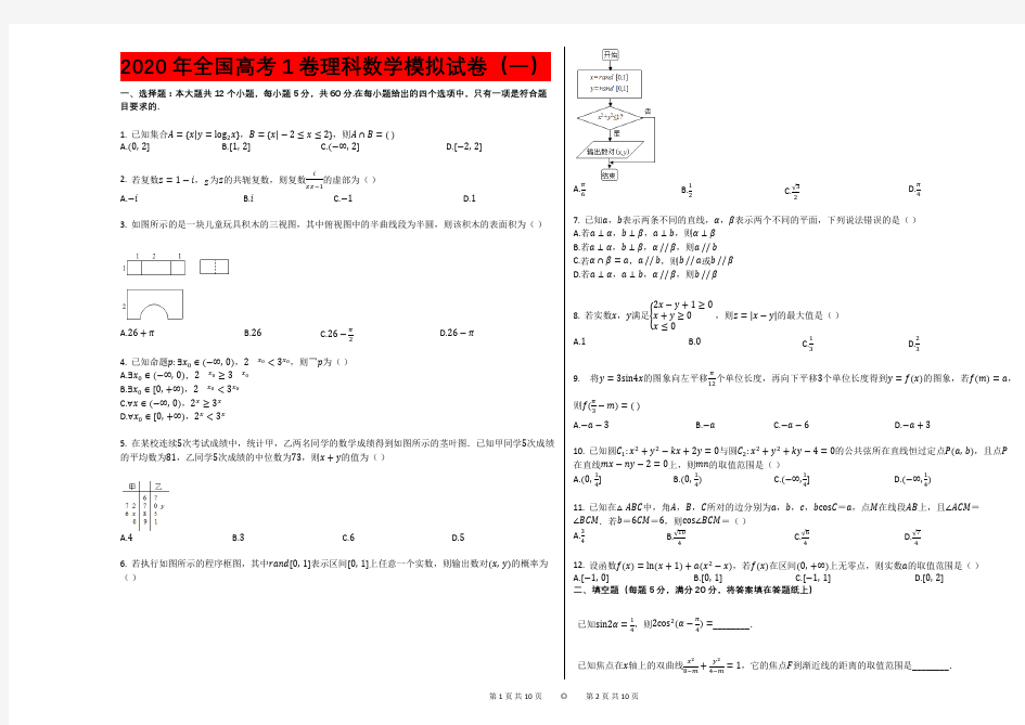 2020年全国高考1卷理科数学模拟试卷(一)