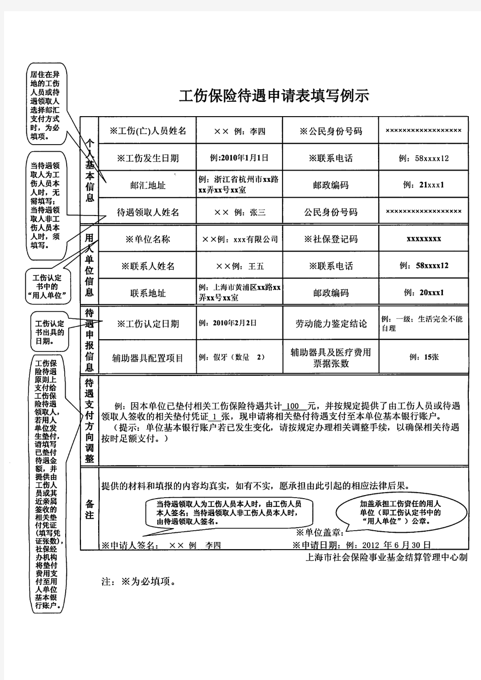 上海市《工伤保险待遇申请表》(含样表)