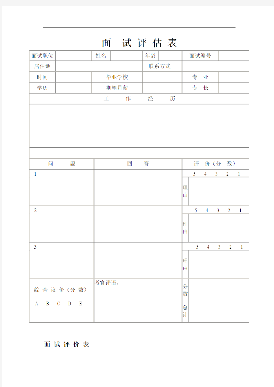 最新面试评估表及评估标准模板