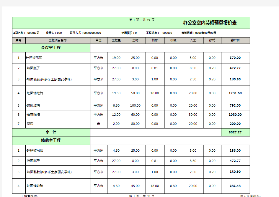 超详细办公室装修预算报价表excel模板(完整版)