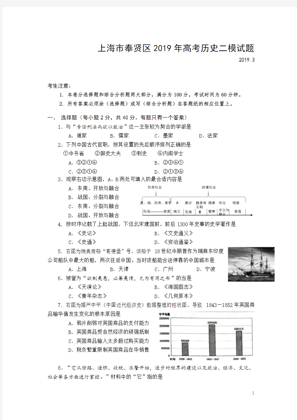 【2019上海高考历史二模】上海市奉贤区2019年高考历史二模试题(Word版)