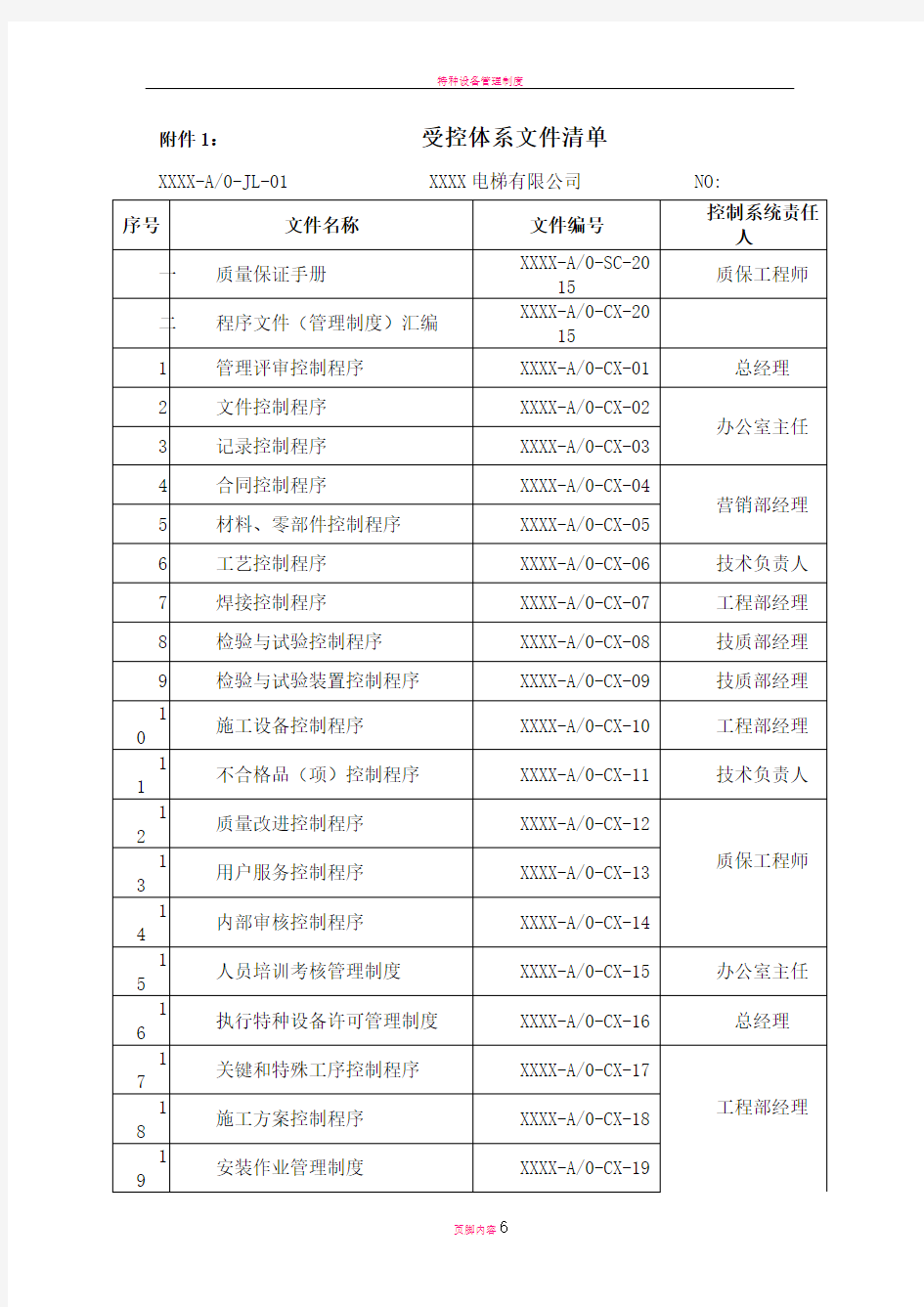 电梯质量体系文件清单