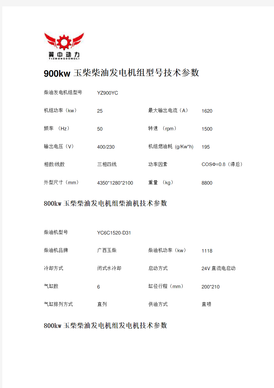 900kw玉柴柴油发电机组型号技术参数