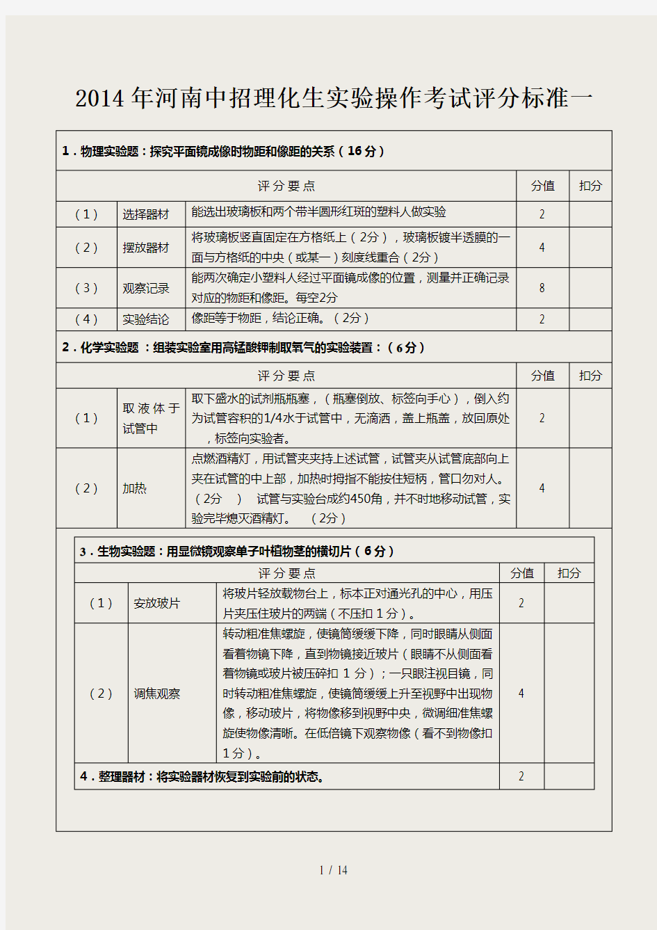 2014年河南省中招理化生实验操作考试评分表(扣分点)