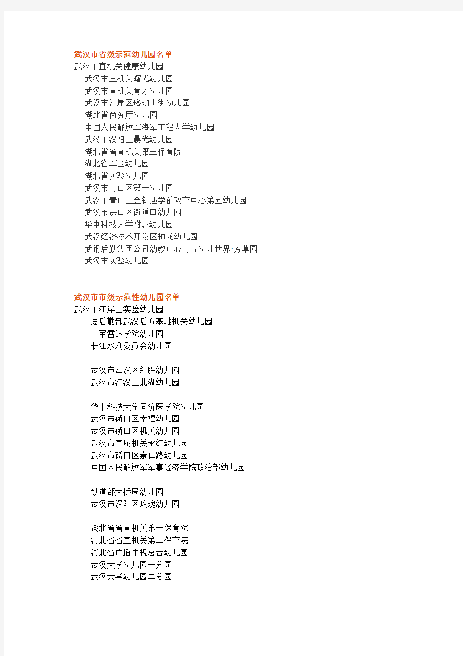 武汉市市级示范性幼儿园名单