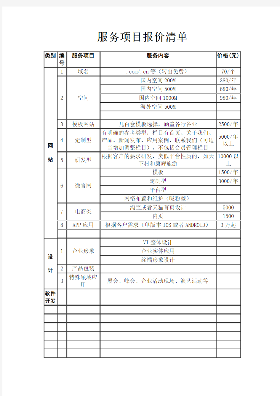 公司服务项目清单