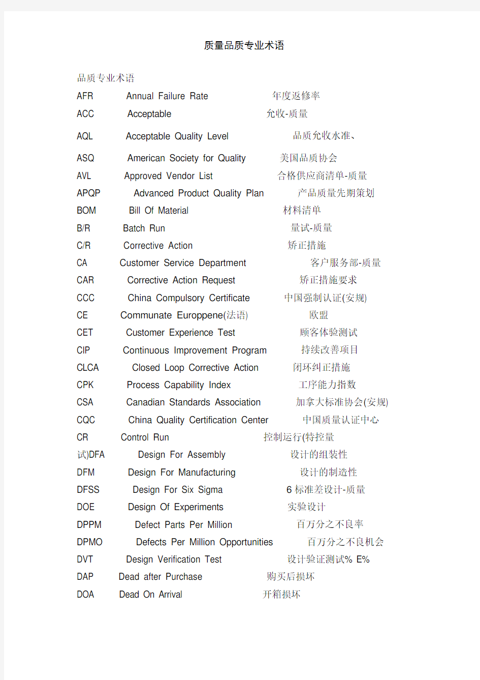 质量品质专业术语