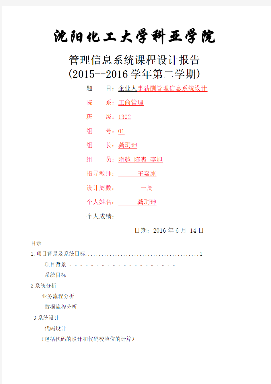 管理信息系统课程设计个人报告 