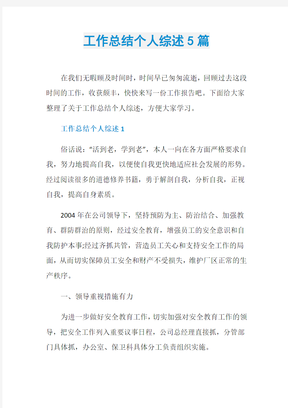 工作总结个人综述5篇