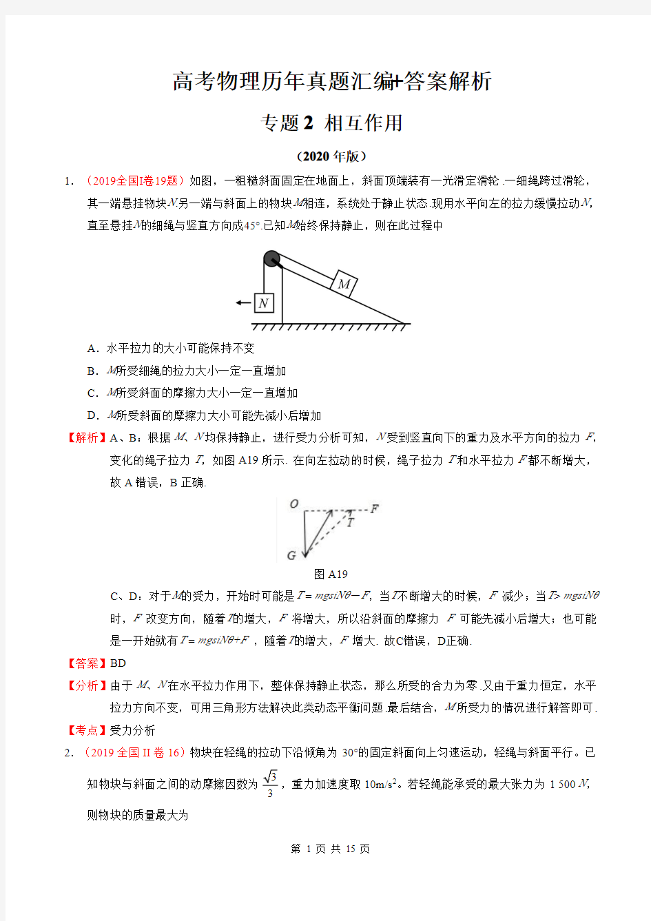 高考物理历年真题汇编+答案解析(专题2)：相互作用