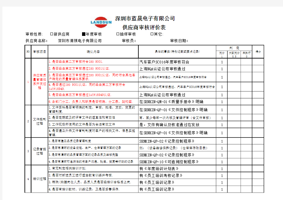 IATF16949质量管理体系供应商审核表