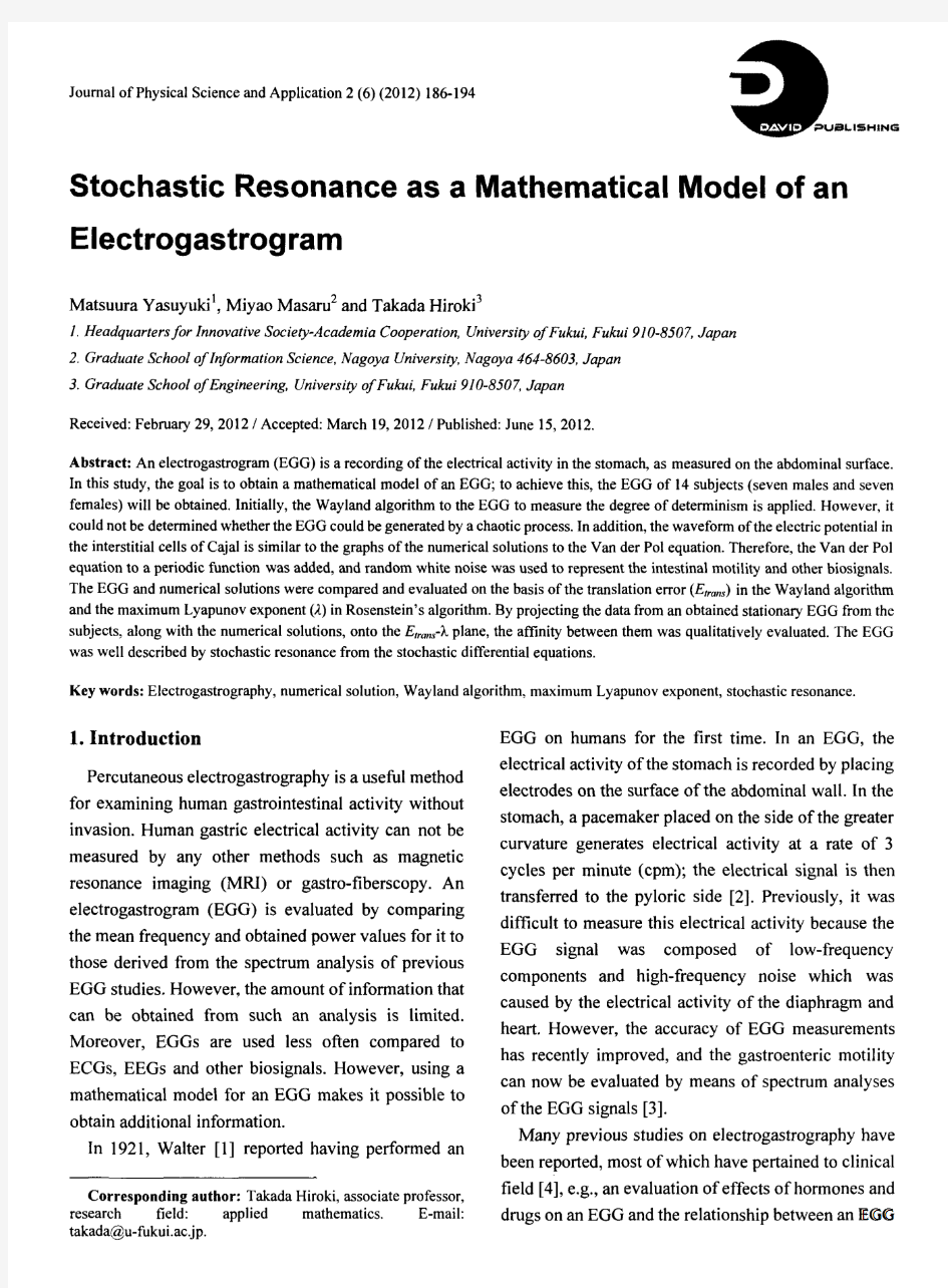 Stochastic Resonance as a Mathematical Model of an Electrogastrogram