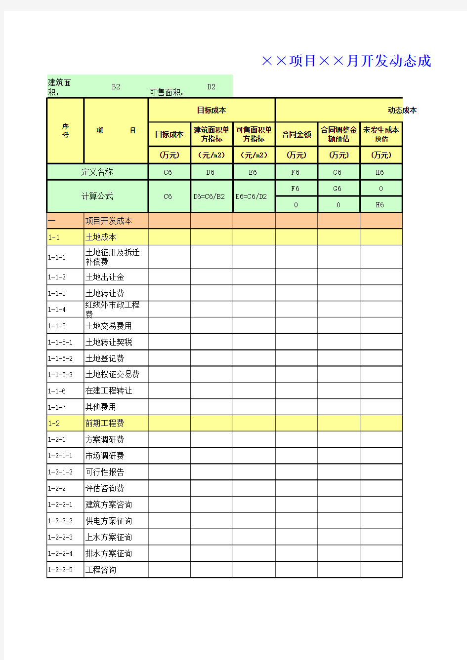 动态成本表(模板)