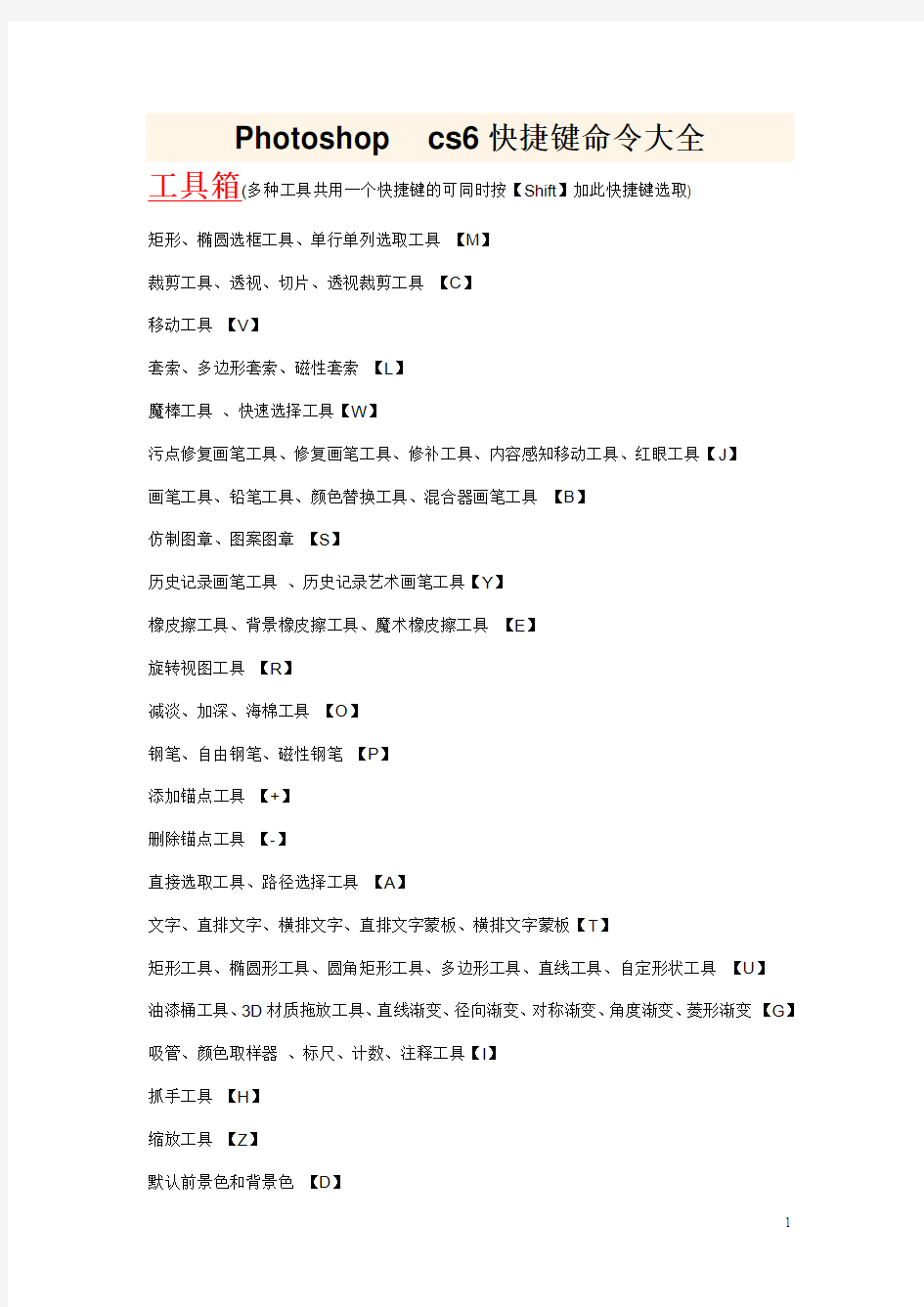Photoshop  cs6快捷键命令大全