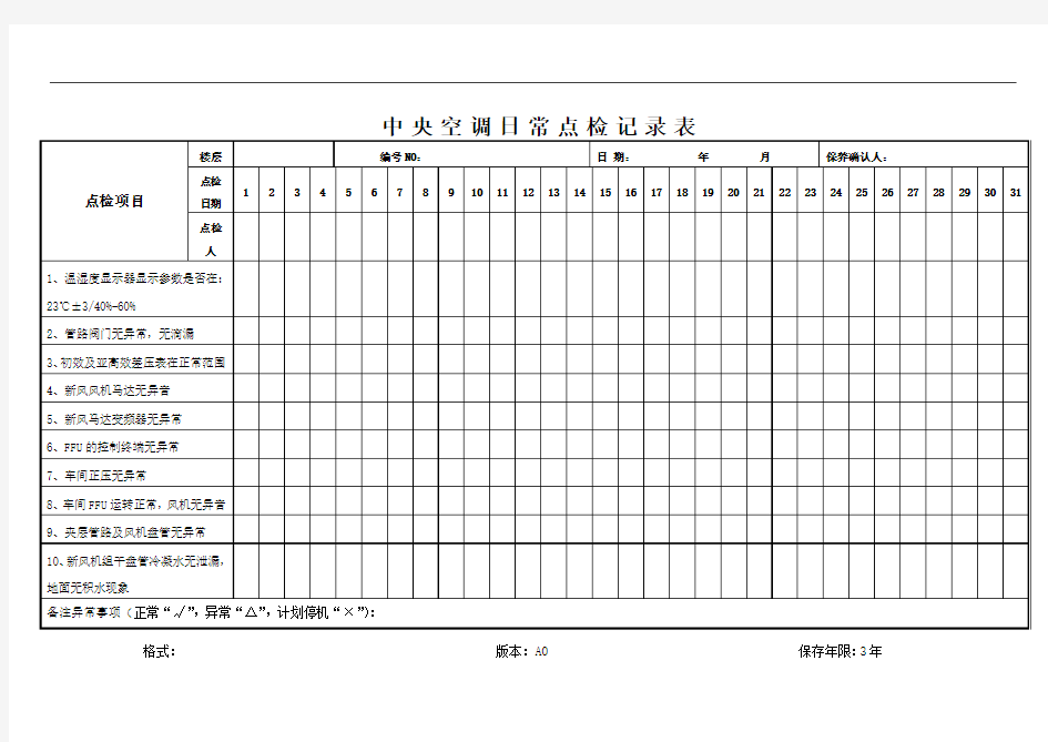 中央空调日常点检记录表