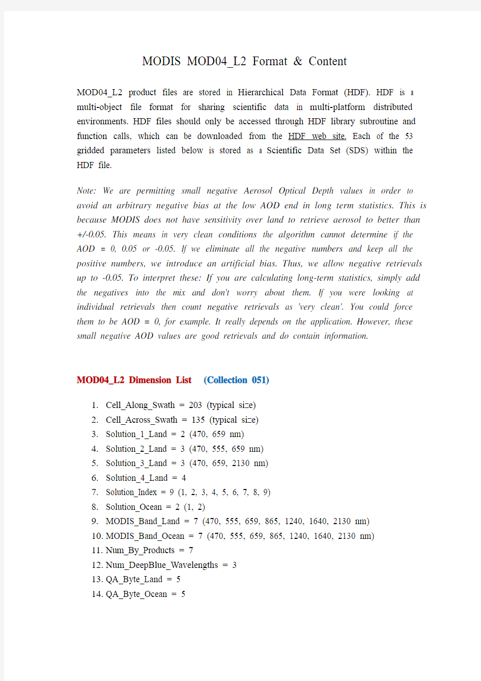 MODIS MOD04_L2 Format & Content