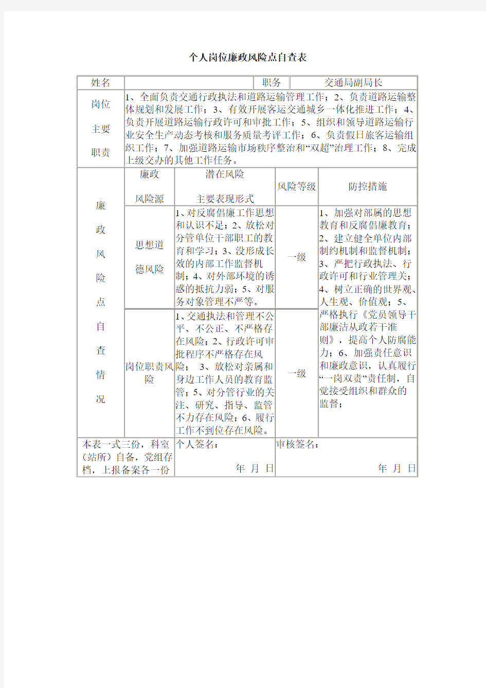 个人岗位廉政风险点自查表