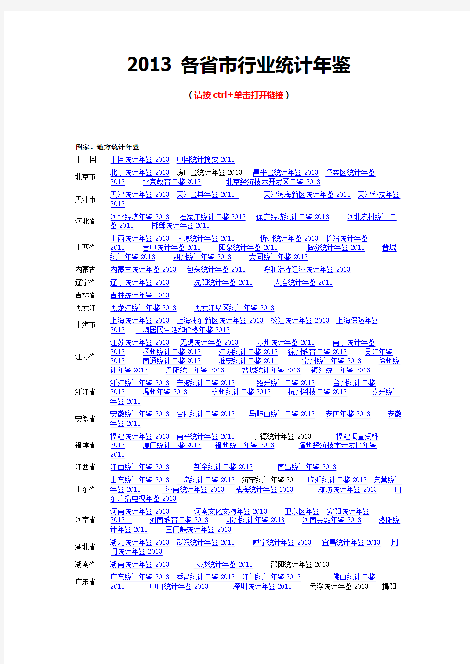 2013各省市统计年鉴下载大全