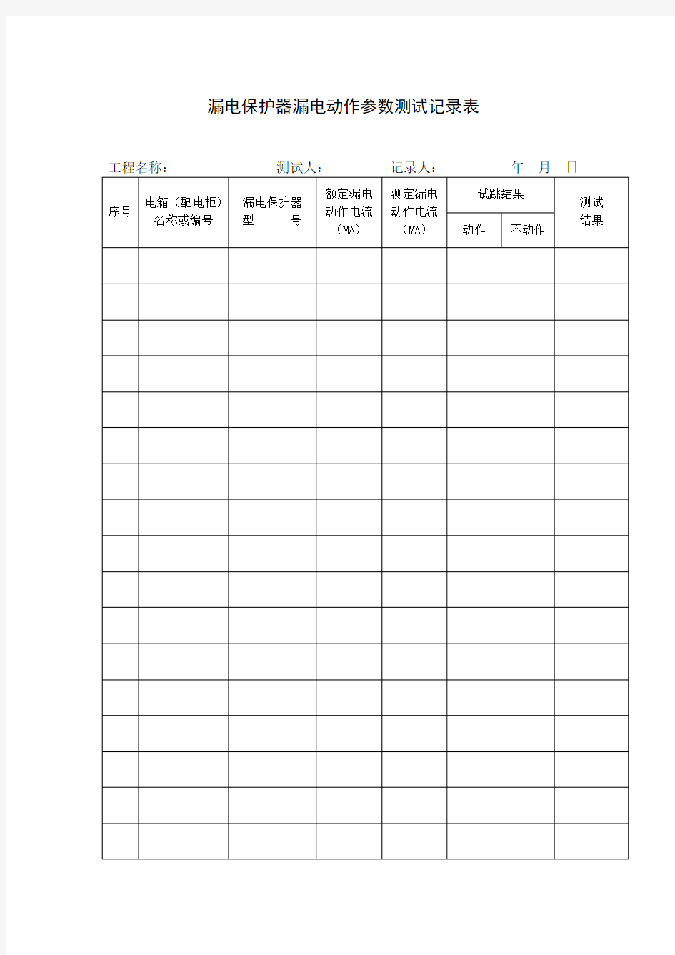 漏电保护器漏电动作参数测试记录表