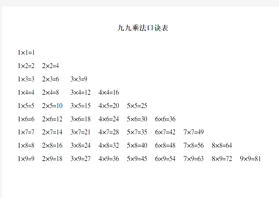 小九九乘法口诀表(可打印)