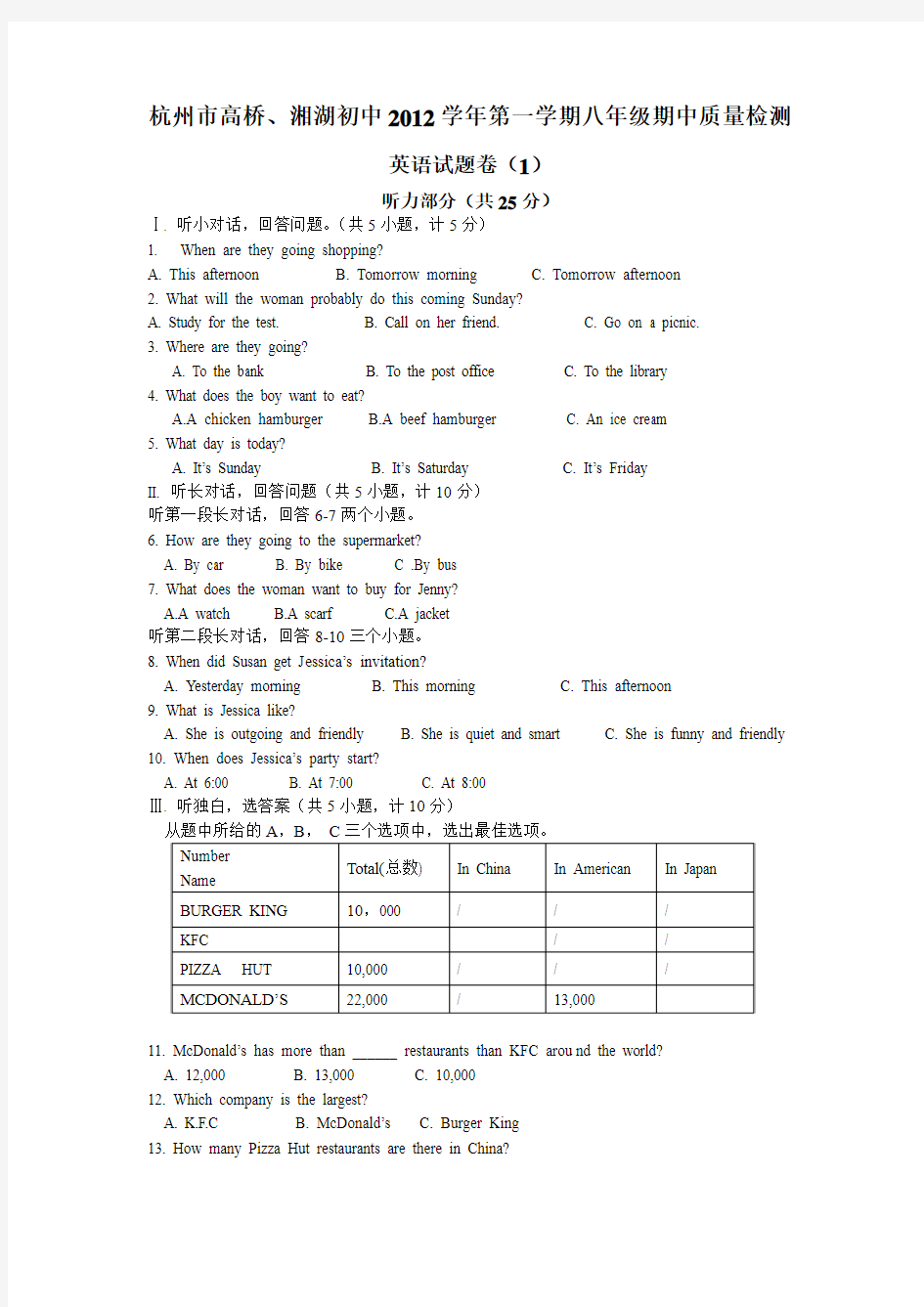 杭州萧山高桥初中2012年新目标八年级上册英语期中考试卷附答案