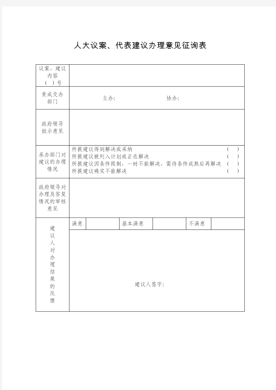 人大议案、政协提案办理意见征询表