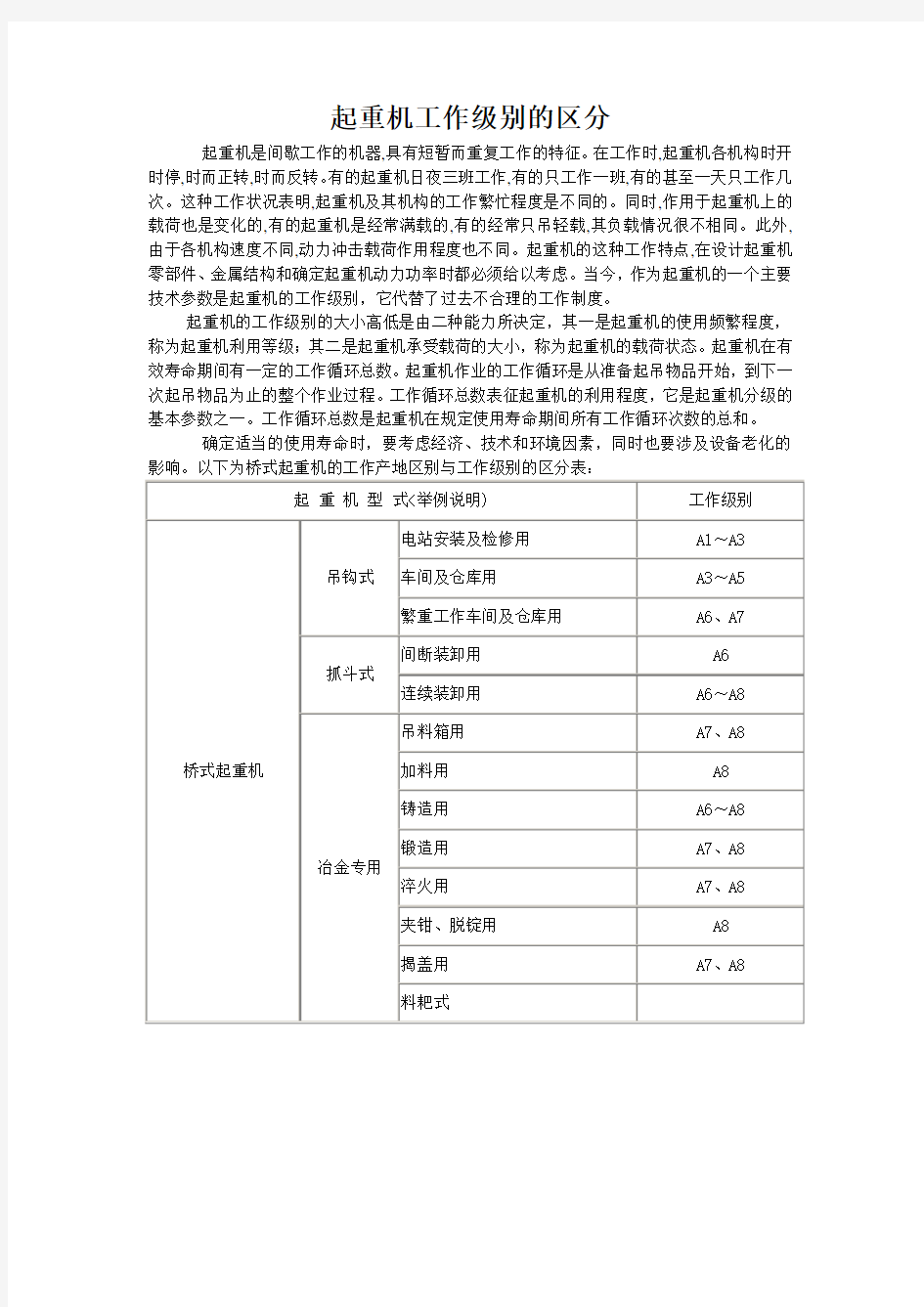 起重机工作级别的区分