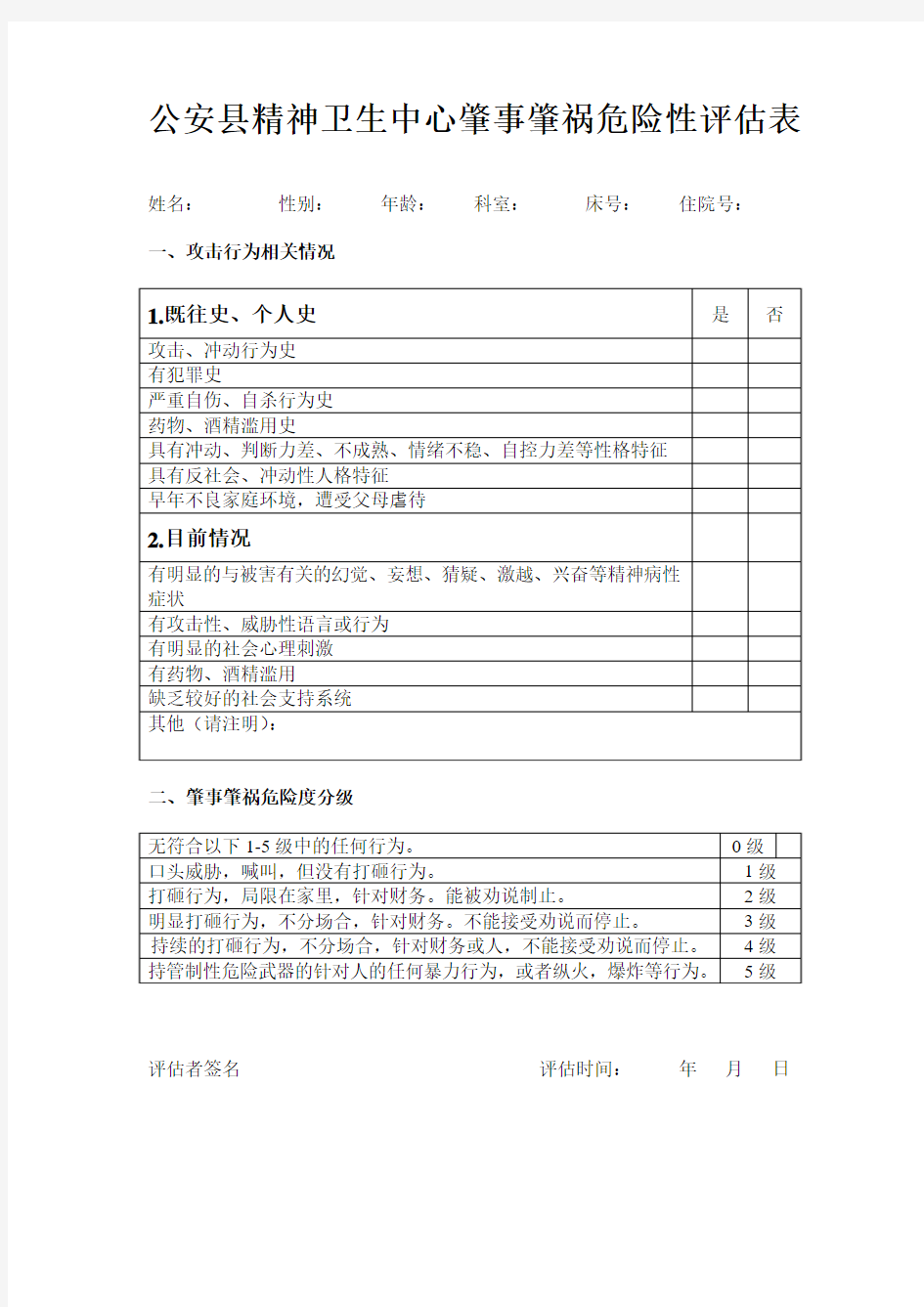 肇事肇祸危险性评估表 医生