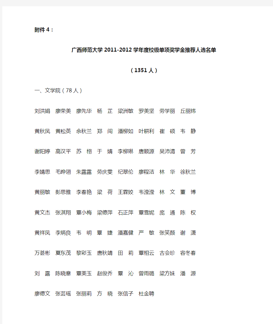 广西师范大学2011-2012学年度校级单项奖学金推荐人选名单