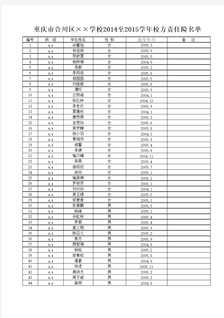 2014-2015学年校方险(样表)