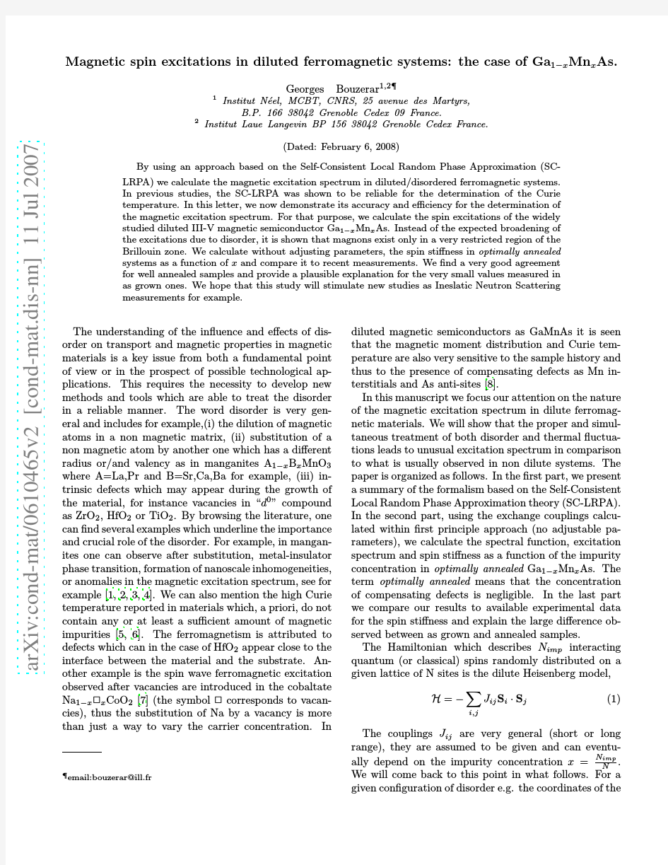Magnetic spin excitations in diluted ferromagnetic systems the case of $Ga_{1-x}Mn_{x}As$