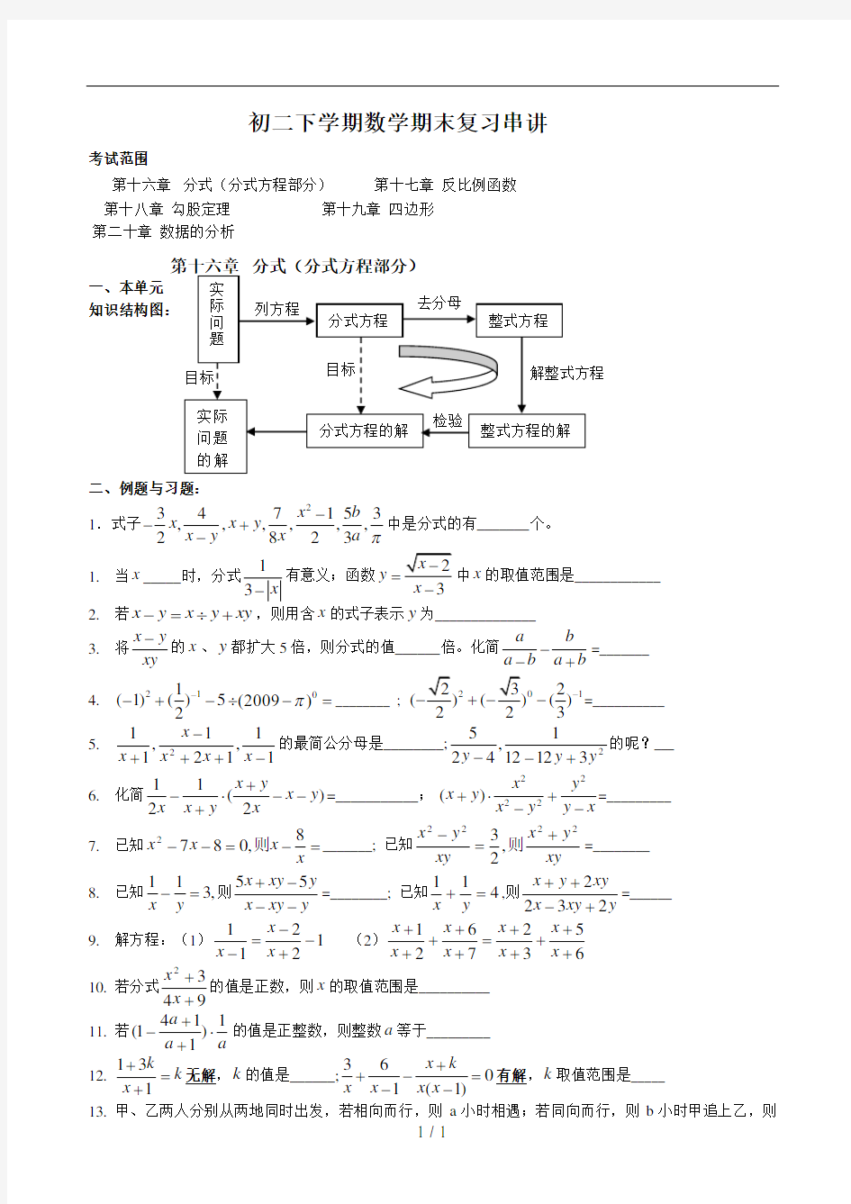 人教版初二下学期数学期中复习串讲及练习题