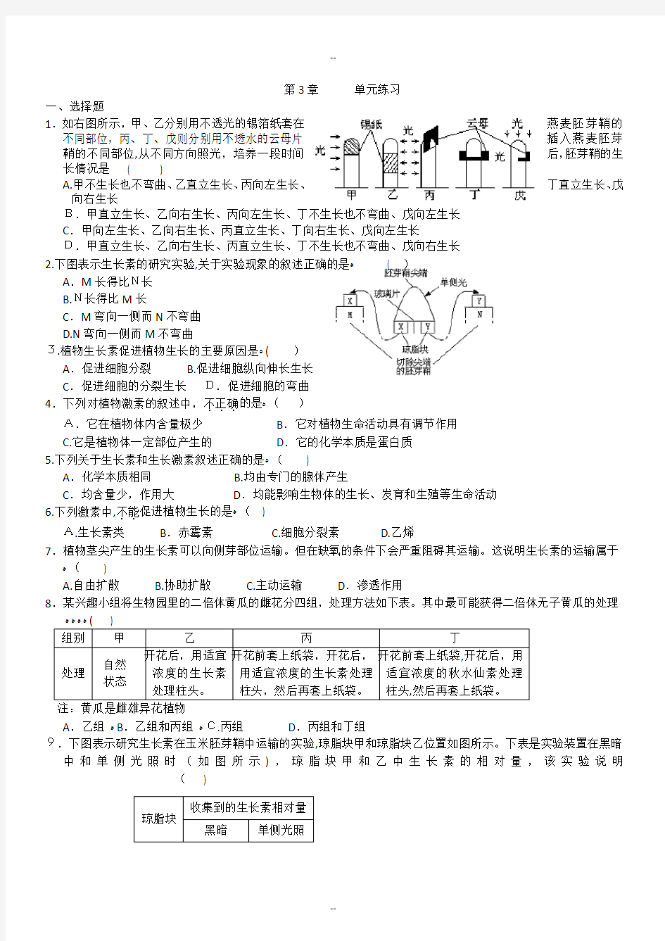 植物的激素调节测试题