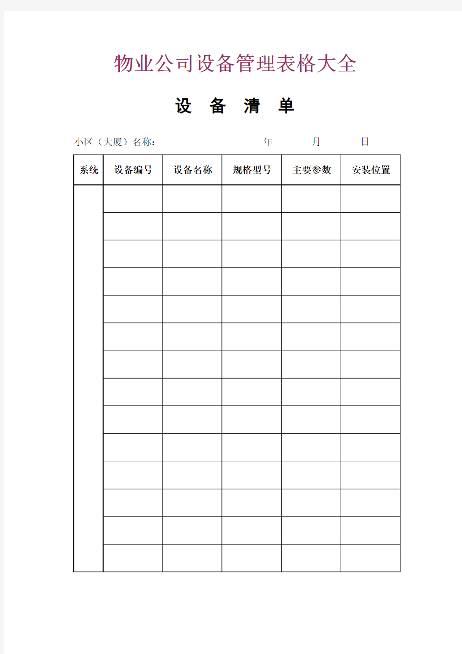 【房地产物业管理】物业公司设备管理表格大全