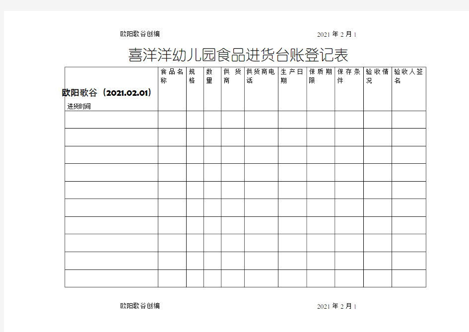 幼儿园食品进货台账表之欧阳歌谷创编