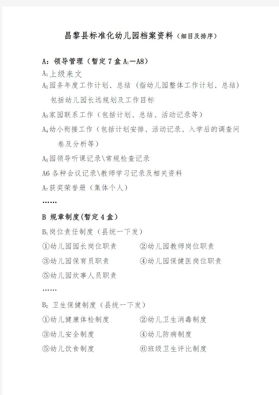 昌黎县标准化幼儿园档案资料(细目及排序)