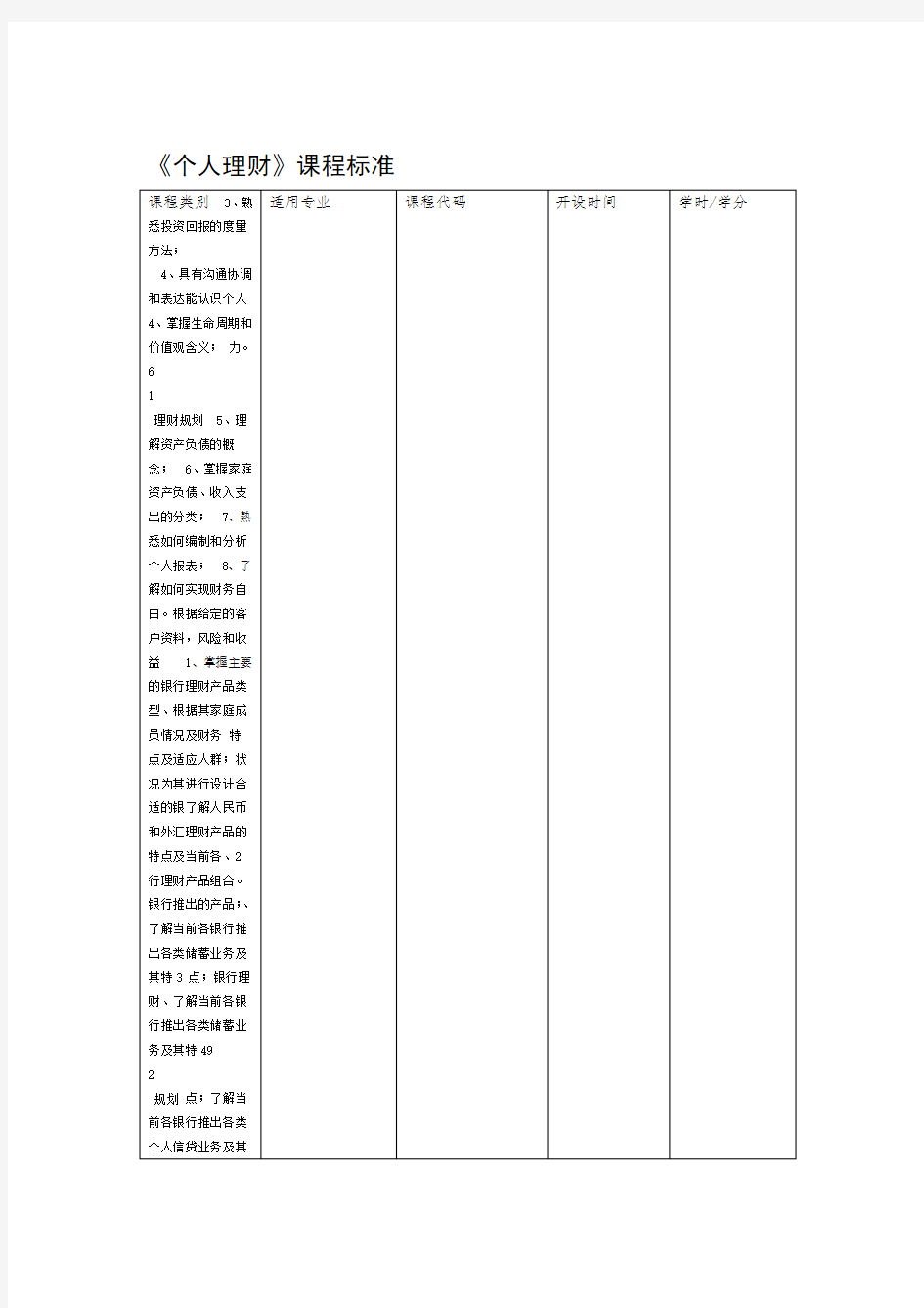 个人理财课程标准