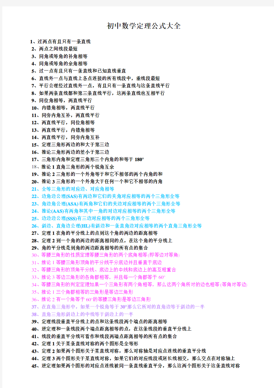 初一到初三数学必记重要公式定理汇总(大全)