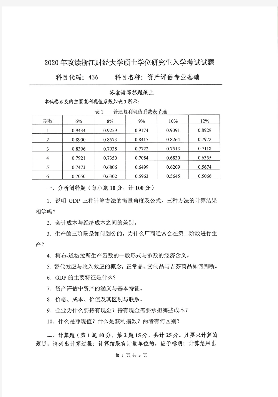 2020年浙江财经大学考研试题436资产评估专业基础