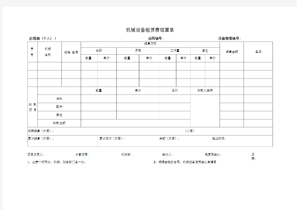 机械设备租赁费结算单(样本)