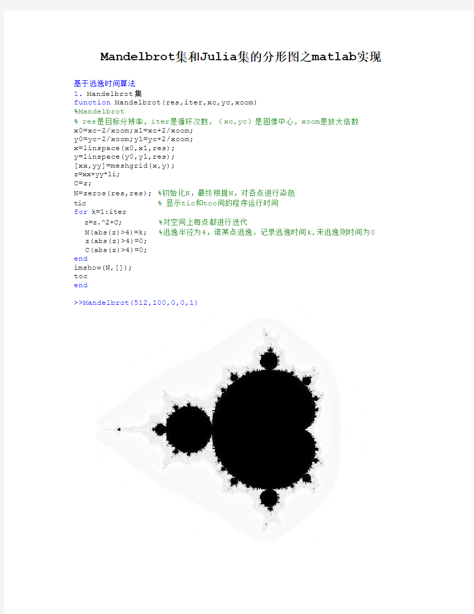 Mandelbrot集和Julia集的分形图之matlab实现