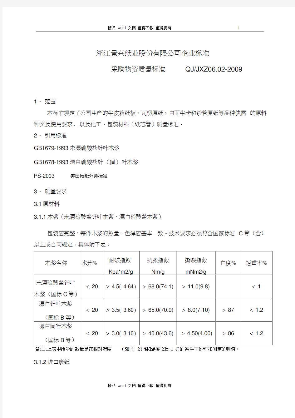 采购物资质量标准