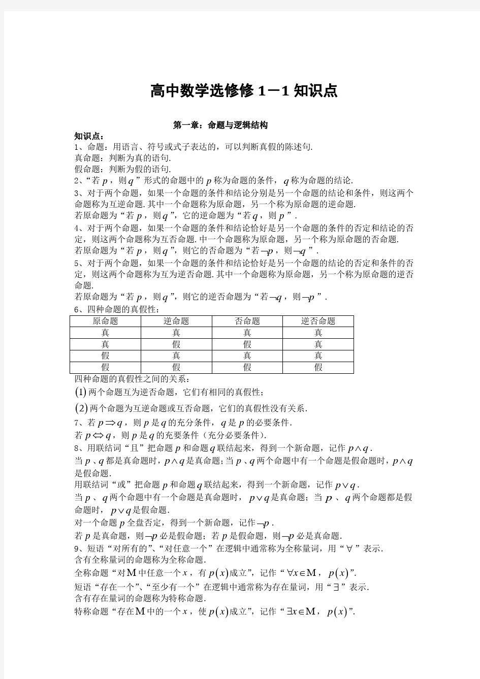 人教版高中数学选修1-1知识点汇总总结