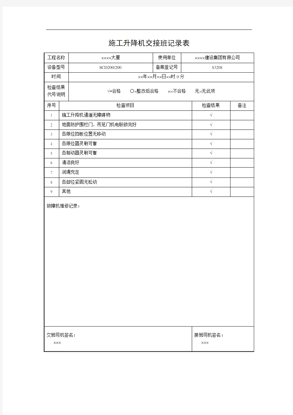 施工升降机交接班记录表